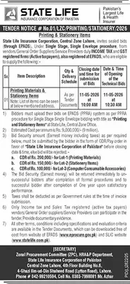 Newspaper clipping: State Life Tender for Printing & Stationery Items Lahore, The News International, 16 Apr 2026