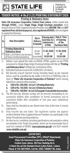 Newspaper clipping: State Life Tender for Printing & Stationery Items Lahore, The News International, 16 Apr 2026
