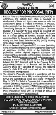 Newspaper clipping: WAPDA RFP for Consultancy Services Chashma Barrage, The News International, 16 Apr 2026