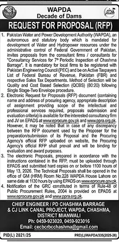 Newspaper clipping: WAPDA RFP for Consultancy Services Chashma Barrage, The News International, 16 Apr 2026