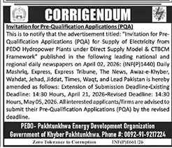 Newspaper clipping: PEDO Pre-Qualification Application Deadline Extension Notice, The News International, 16 Apr 2026