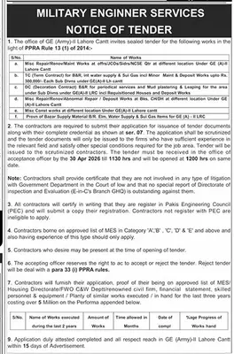 Newspaper clipping: Military Engineer Services Tender Lahore Cantt, The News International, 16 Apr 2026