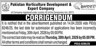 Newspaper clipping: Corrigendum: PHDEC Application Submission Date Correction, The News International, 16 Apr 2026