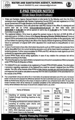Newspaper clipping: E-PAD Tender Notice - Water and Sanitation Agency Narowal, The News International, 16 Apr 2026
