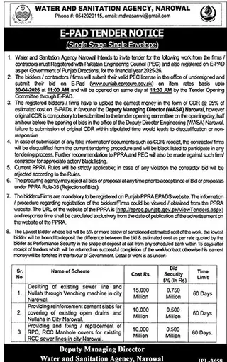 Newspaper clipping: E-PAD Tender Notice - Water and Sanitation Agency Narowal, The News International, 16 Apr 2026