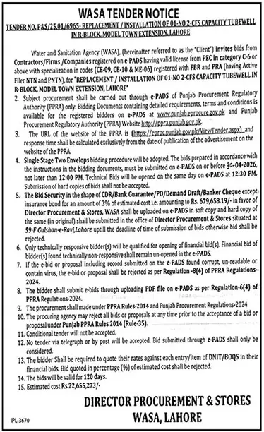 Newspaper clipping: WASA Tender for Tubewell Installation in Model Town Extension Lahore, The News International, 16 Apr 2026