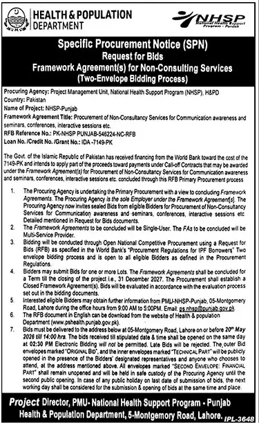 Newspaper clipping: Procurement Notice: Non-Consulting Services - NHSP Punjab, The News International, 16 Apr 2026