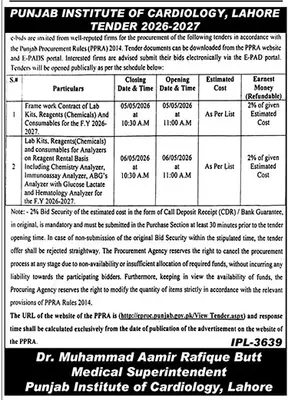 Newspaper clipping: Punjab Institute of Cardiology Tender 2026-2027, The News International, 16 Apr 2026