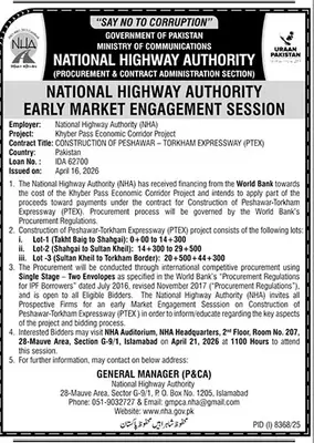 Newspaper clipping: NHA Early Market Engagement Session - Peshawar Torkham Expressway, The News International, 16 Apr 2026