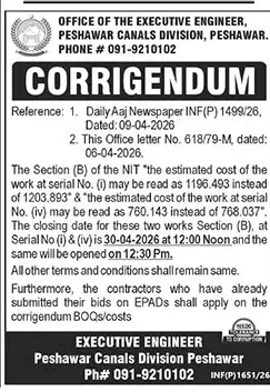 Newspaper clipping: Corrigendum: Peshawar Canals Division Tender Cost & Date Revision, The News International, 16 Apr 2026