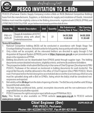 Newspaper clipping: PESCO E-Bids for CCTV Cameras Supply & Installation, The News International, 16 Apr 2026