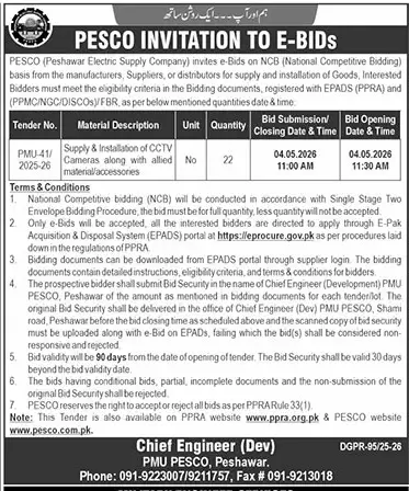 Newspaper clipping: PESCO E-Bids for CCTV Cameras Supply & Installation, The News International, 16 Apr 2026