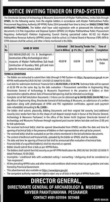 Newspaper clipping: Tender for Archaeological Sites & Museum Construction - KPK, The News International, 16 Apr 2026