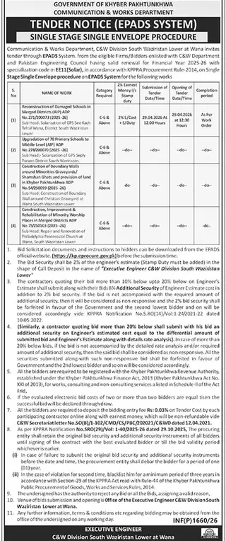 Newspaper clipping: Tender Notice - C&W Division South Waziristan Lower, The News International, 16 Apr 2026