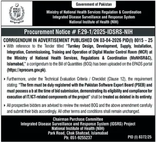 Newspaper clipping: Corrigendum: Digital MCR Tender - NIH Islamabad, Nawa-i-Waqt, 16 Apr 2026