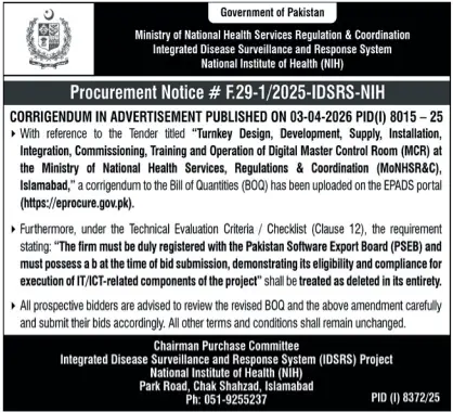 Newspaper clipping: Corrigendum: Digital MCR Tender - NIH Islamabad, Nawa-i-Waqt, 16 Apr 2026