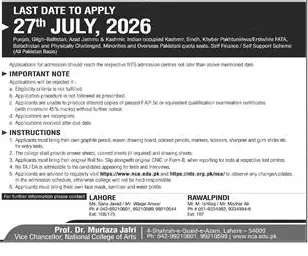 Newspaper clipping: Admissions Notice — Apply by 2026-07-27 for Practical Test (Lahore & Rawalpindi Centres), Dawn, 12 Jul 2026