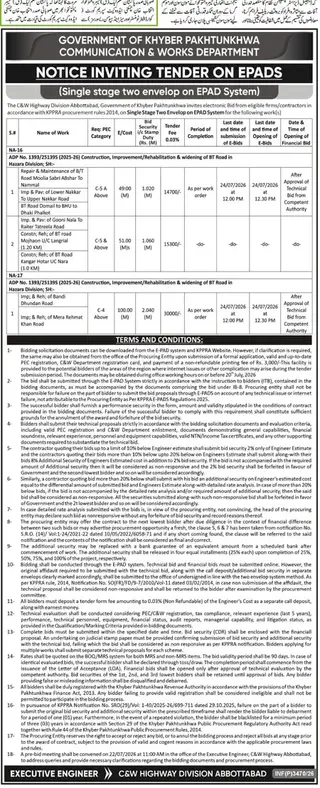 Newspaper clipping: C&W Highway Division Abbottabad — Tender Invitation on ePADS for NA-16 & NA-17 Road Works (Single-Stage Two-Envelope), Daily Aaj, 12 Jul 2026