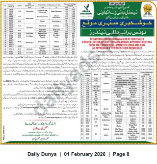Newspaper clipping: NHA Corridor Management Contracts for Collection of NOC Fees & Annual Approach Rentals, Dunya, 01 Feb 2026