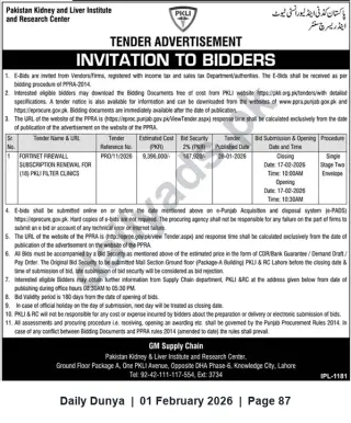 Newspaper clipping: PKLI Lahore Tender: Fortinet Firewall Subscription Renewal (Ref PRO/11/2026), Dunya, 01 Feb 2026