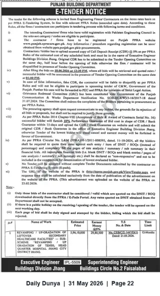 Newspaper clipping: E-Tender: Revamping / Upgradation of Tehsil Headquarters Hospital Jhang — Buildings Division Jhang, Dunya, 31 May 2026