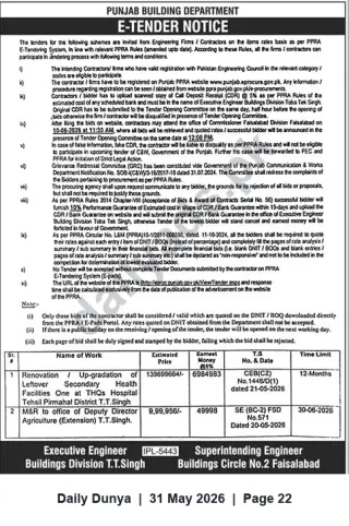 Newspaper clipping: Punjab Building Department E-Tender Notice – Renovation of Health Facility & M&R Works in Toba Tek Singh, Dunya, 31 May 2026
