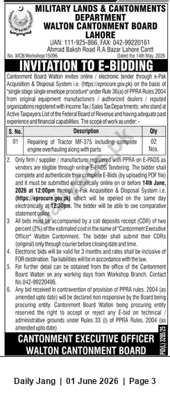 Newspaper clipping: Walton Cantonment Board Lahore — E-Bidding Invitation for Repair of MF-375 Tractors (Qty 2), Jang, 01 Jun 2026