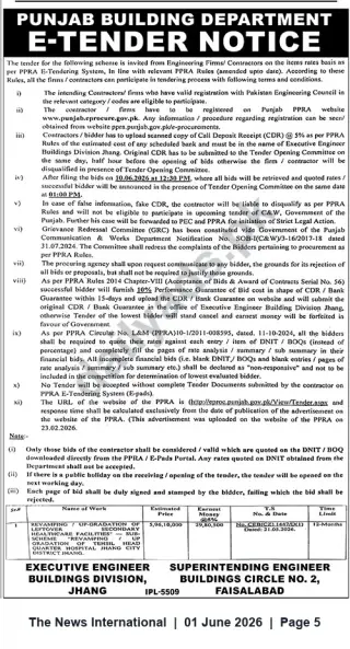 Newspaper clipping: Punjab Building Department E-Tender Notice — Revamping / Upgradation Works, DHQ Hospital Jhang, The News International, 01 Jun 2026