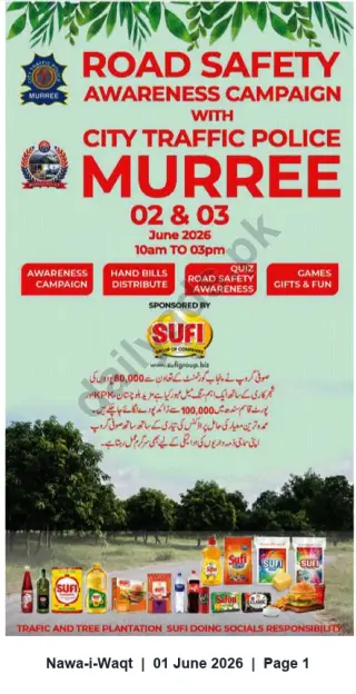 Newspaper clipping: Road Safety Awareness Campaign with City Traffic Police Murree — 02–03 June 2026, Nawa-i-Waqt, 01 Jun 2026