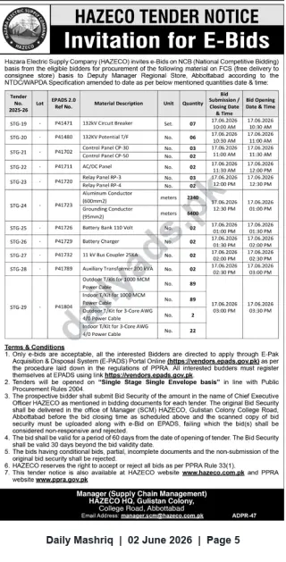 Newspaper clipping: HAZECO Invitation for E-Bids for Electrical Materials (Closing 2026-06-17), Daily Mashriq, 02 Jun 2026