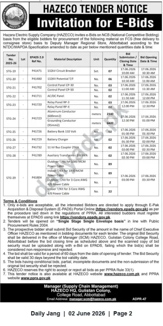 Newspaper clipping: HAZECO Invitation for E-Bids – Supply of Power Equipment & Materials (Abbottabad), Jang, 02 Jun 2026