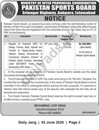 Newspaper clipping: RFP — Naseer Bunda Hockey Stadium Seating Enhancement & Commercial Utilization (Pakistan Sports Board, Islamabad), Jang, 02 Jun 2026
