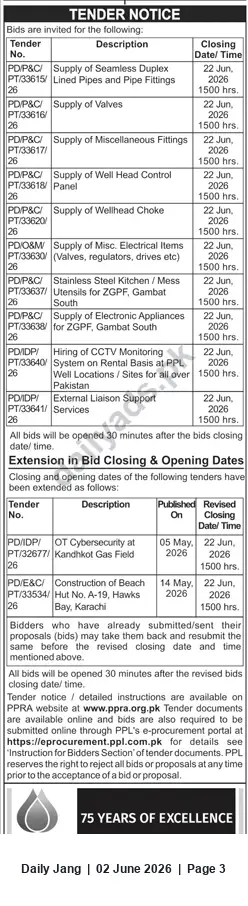 Newspaper clipping: PPL Tender Notice – Supply, Services & Construction Packages (Closing 2026-06-22), Jang, 02 Jun 2026