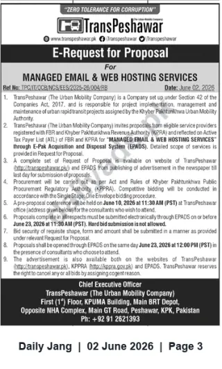 Newspaper clipping: TransPeshawar RFP for Managed Email & Web Hosting Services — Bid Deadline 2026-06-23, Jang, 02 Jun 2026