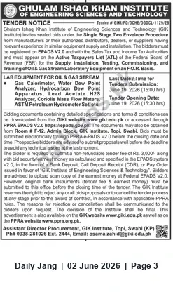 Newspaper clipping: GIK Institute Tender for Supply & Installation of Oil & Gas Stream Laboratory Equipment (Closing 2026-06-19), Jang, 02 Jun 2026