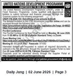 Newspaper clipping: UNDP ITB-2026-103 — Retrofitting of Six Schools in Sindh (Bids due 2026-06-22), Jang, 02 Jun 2026
