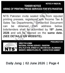 Newspaper clipping: NTS Pakistan Tender for Hiring Printing Press Services (Notice #109(25-26)), Jang, 02 Jun 2026