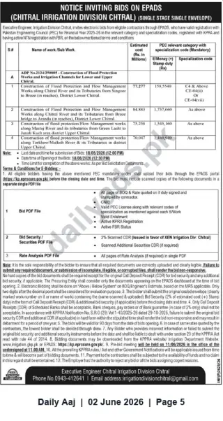 Newspaper clipping: Tender: Flood Protection & Irrigation Works — Chitral Irrigation Division (e-Procurement), Daily Aaj, 02 Jun 2026