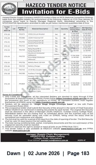 Newspaper clipping: HAZECO Invitation for E-Bids for Supply of Electrical Materials, Dawn, 02 Jun 2026