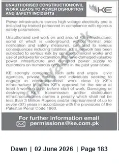 Newspaper clipping: Notice: Unauthorized Construction Near KE Power Infrastructure Poses Safety Risks, Dawn, 02 Jun 2026
