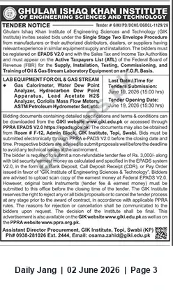 Newspaper clipping: GIK Institute Tender: Supply, Installation & Commissioning of Oil & Gas Lab Equipment (Closes 2026-06-19), Jang, 02 Jun 2026
