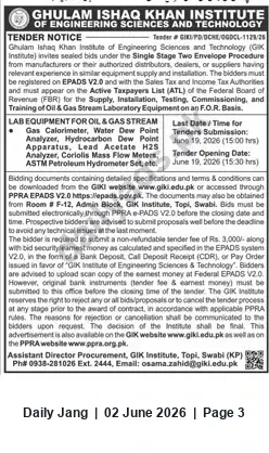Newspaper clipping: GIK Institute Tender for Oil & Gas Stream Laboratory Equipment (Tender # GIRL/PD/DCHE/GGDCL-1128/25), Jang, 02 Jun 2026