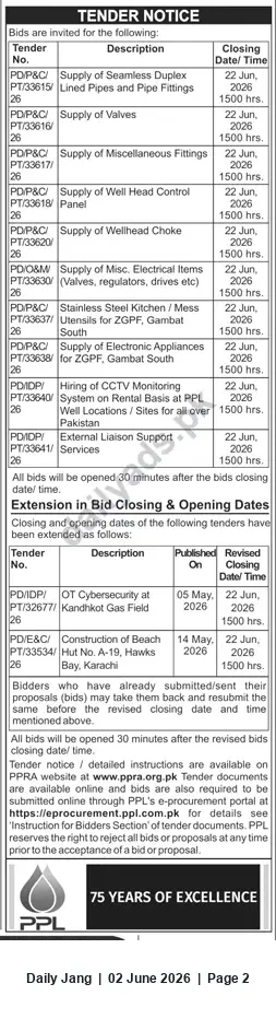 Newspaper clipping: PPL Tender Notice — Multiple Supply & Service Packages (Closing 2026-06-22), Jang, 02 Jun 2026