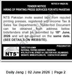Newspaper clipping: NTS Pakistan Tender: Hiring of Printing Press Services (Notice #109(25-26)), Jang, 02 Jun 2026