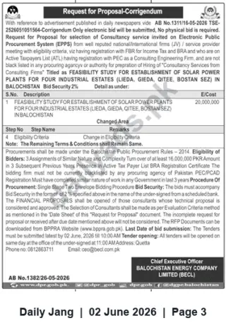 Newspaper clipping: RFP Corrigendum — Feasibility Study for Solar Power Plants at Four Industrial Estates (Balochistan) — BECL, Jang, 02 Jun 2026