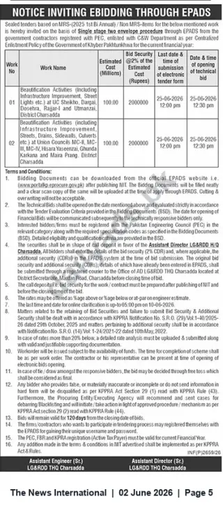 Newspaper clipping: EPADS Tender — Beautification & Infrastructure Works in Charsadda (UC Sheikho, Gardai, Doshehra, Ranjari-1, Utmanzai) — Closing 2026-06-25, The News International, 02 Jun 2026