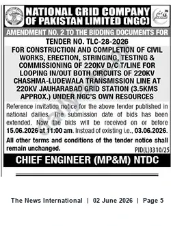 Newspaper clipping: NGC Amendment No.2 to Tender TLC-28-2026 — Bid Deadline Extended to 15 June 2026, The News International, 02 Jun 2026