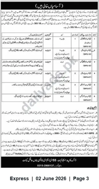 Newspaper clipping: Vacancies: Computer Operator (BPS-10) and Additional Posts (BPS-10 / BPS-07), Express, 02 Jun 2026