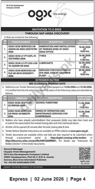 Newspaper clipping: OGDC Invitation to E-Bids via SAP Ariba — Multiple Tender Packages (June 2026), Express, 02 Jun 2026