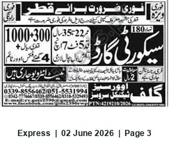 Newspaper clipping: Urgent Overseas Recruitment for Qatar — Contact 0339-8556462 / 051-5531994, Express, 02 Jun 2026